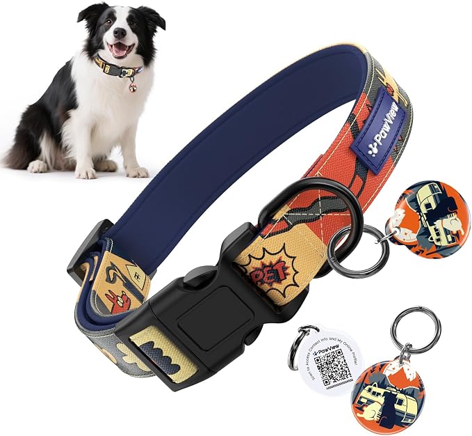 Dog Collar with QR Code ID Tag, Adjustable Pet Collar, Dark Blue, M