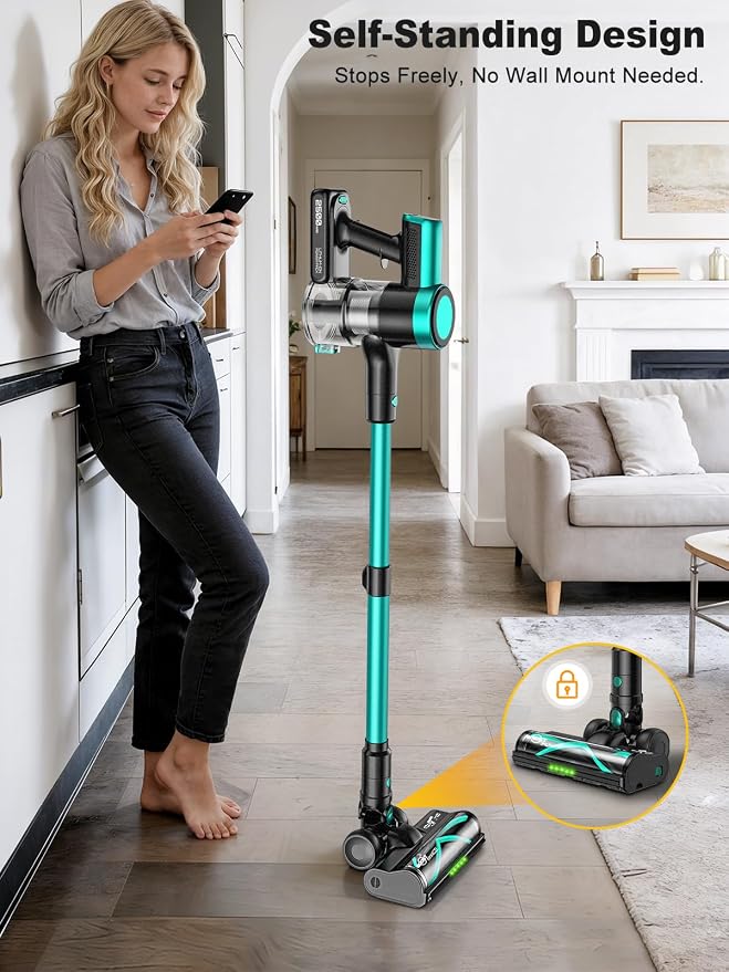Cordless Vacuum Cleaner, 58KPa/60Mins 10 in 1 Self-Standing Stick Vacuum | 29-inch Hose and LED Lighting Brush, Anti-Tangle Brush &3 Suction Modes, Quiet Vacuum Cleaner for Home, Pet Hair/Carpet/Floor