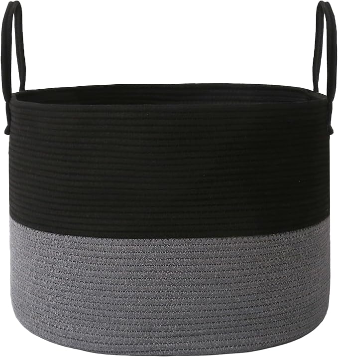 JMvicyroam 115L Extra Large Machine Washable Cotton Rope Blanket Basket | Collapsible laundry hamper, Reinforced handles, For blankets, pillows, toys and clothes, Living room and bedroom, Black&Grey