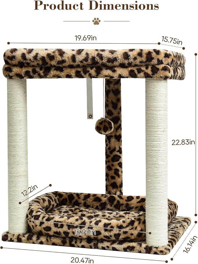 SYANDLVY Leopard Print Cat Tree with 2 Levels Perch Platforms for Kittens | Natural Sisal Scratching Post Tower with Hanging Bell Ball & Anti-Tip Strap, Stable Cat Furniture for Indoor Cats