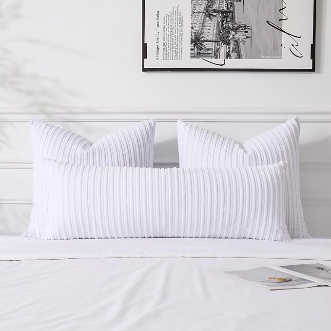 UGASA 14x36 Inch Pillow Cover Pack of 1 Soft Boho Stripe Corduroy Large Long Rectangular Lumbar Cushion Cover Farmhouse Decorative Throw Pillowcase for Bed Couch Sofa Bedroom Living Room, Pure White