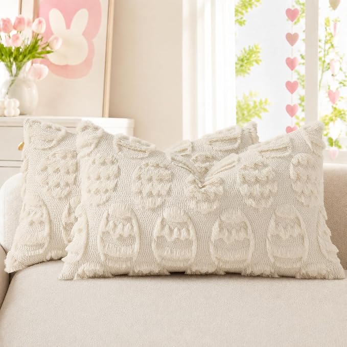 decorUhome Beige Faux Fur Egg Throw Pillow Covers 12x20 Set of 2 | Plush Soft Wool Jacquard Beige Cushion Covers, Modern Farmhouse Neutral Easter Holiday Decor Pillow Covers for Couch Sofa Bed