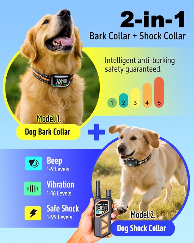 2-in-1 Dog Shock Collar with Remote & Bark Collar - Smart Anti Barking Dog Electric Training Collar with 5 Adjustable Sensitivity & 3300FT for All Breeds IPX7 Waterproof E-Collar for 2 Dogs