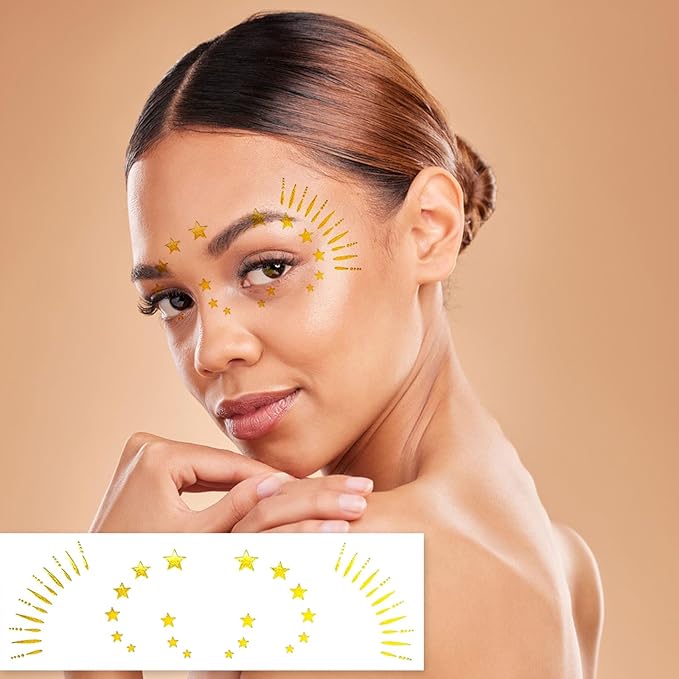 Gold Freckle Tattoo for Halloween - Glitter Temporary Face & Body Tattoos Set (8 Sheets) - Butterfly, Heart & Floral Fake Freckles for Women, Girls, Festival, Party, Costume Accessories