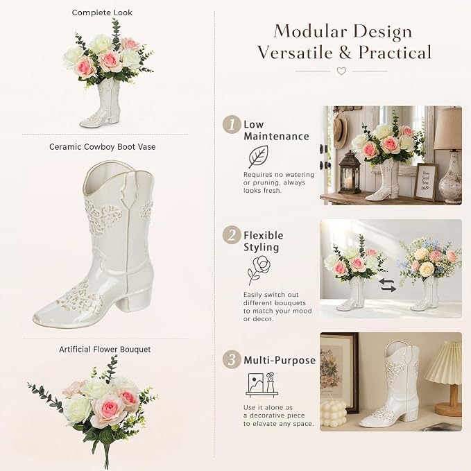 Artificial Flower Plant in Ceramic Cowboy Boot Vase Faux Floral Decor