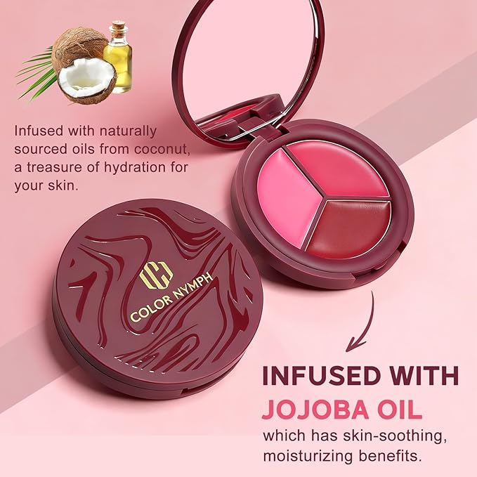 Color Nymph 3 Colors Ultra-Creamy Blush for Cheeks, Multi-Use Cream Blushes Balm Face Makeup, Hydrating, Creamy, Lightweight & Blendable Color, Face Makeup, Vegan & Cruelty-Free （#01）