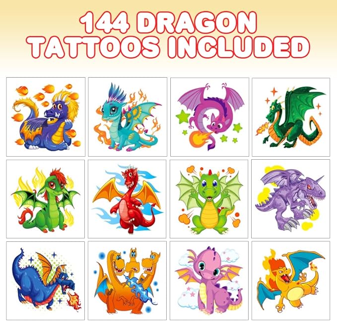ArtCreativity Dragon Individual Temporary Tattoos for Kids - Bulk Pack of 144 Pre-Cut Dragons Tattoos in Assorted Designs, Non-Toxic 2 Inch - Dragon Tattoo Birthday Party Favors, Goodie Bag Stuffers