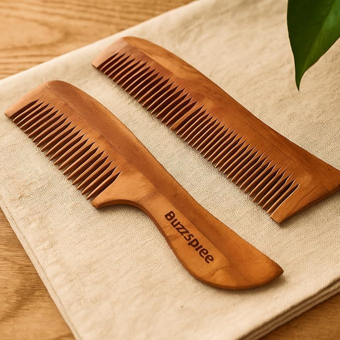 Natural Neem Wood Comb Set of 2 (Wave Lily & Wave Handle) | Wide & Fine Tooth Wooden Hair Pick Comb Set for Men & Women | Eco-Friendly, Plastic-Free Wooden Combs for Daily Grooming | Curly & Texted