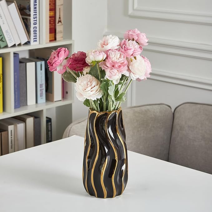 Black Ceramic Vase for Home Decor, Vertical Stripe Decorative Flower Vase for Bedroom, Office, Living Room, Bathroom, Tabletop Decor
