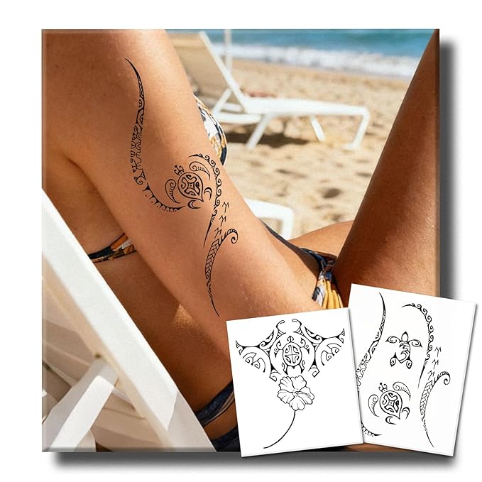 2 Weeks Semi Permanent Tattoo, Ocean Turtle Totem Temporary Fake Tattoos For Women Arm Hand Neck, For Adults Girl, Realistic Waterproof and Non-Reflective, 2 Sheets