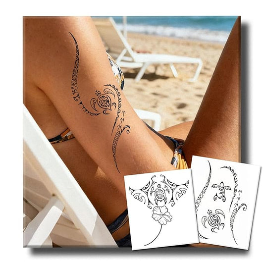 2 Weeks Semi Permanent Tattoo, Ocean Turtle Totem Temporary Fake Tattoos For Women Arm Hand Neck, For Adults Girl, Realistic Waterproof and Non-Reflective, 2 Sheets