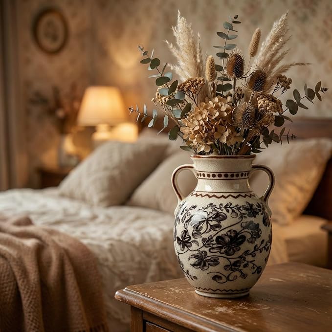 EFISPSS Ceramic Vintage Vase,Chinoiserie Rustic Farmhouse Floral Spring Decor for Home Decor Living Room Fireplace Office, Grey