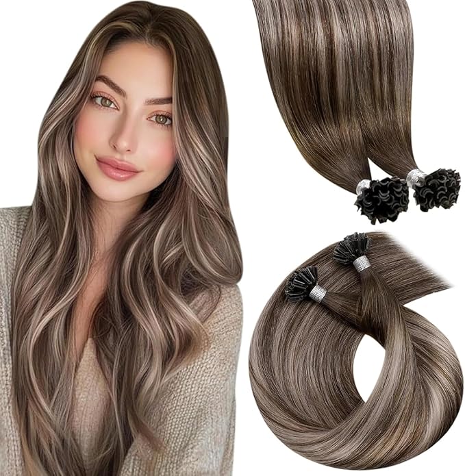 LaaVoo U Tip Hair Extensions Human Hair Balayage K Tip Hair Extensions Real Human Hair Dark Brown Ombre Ash Brown 50g 50s 14inch