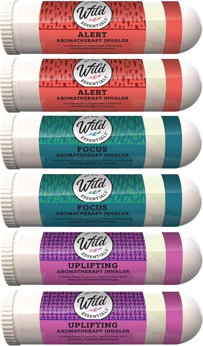 Wild Essentials Concentration 6 Aromatherapy Nasal Inhaler Multi Pack Made with 100% Natural, Therapeutic Grade Essential Oils to Help You Keep Alert, Focused and Determined