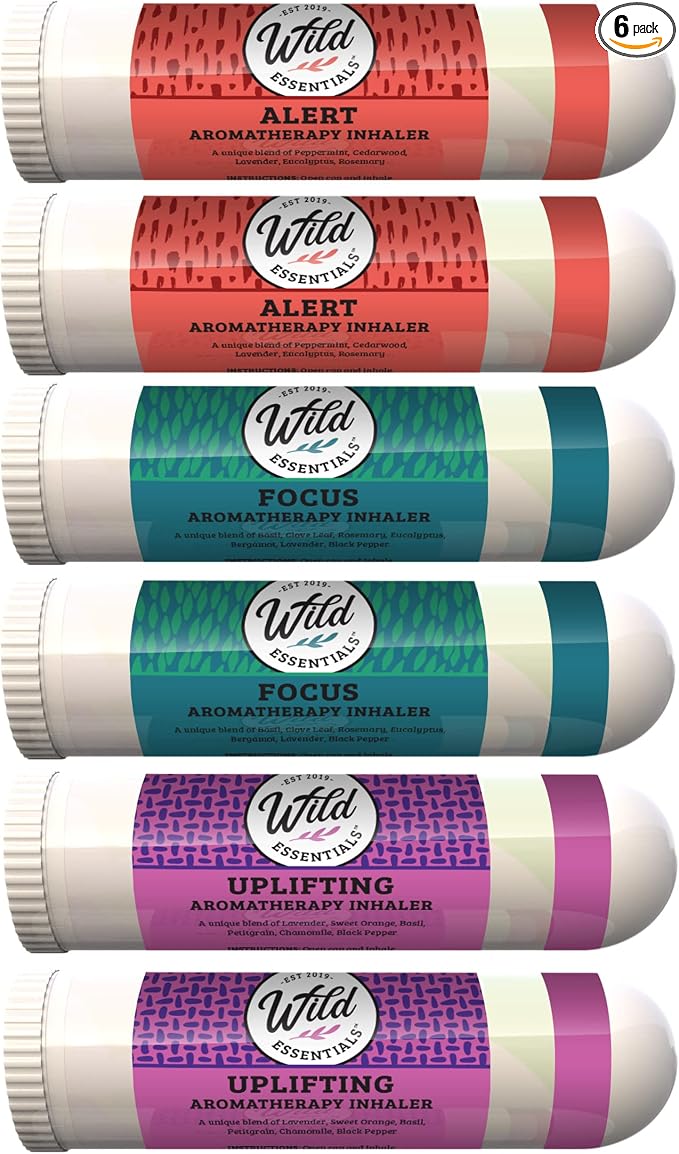 Wild Essentials Concentration 6 Aromatherapy Nasal Inhaler Multi Pack Made with 100% Natural, Therapeutic Grade Essential Oils to Help You Keep Alert, Focused and Determined