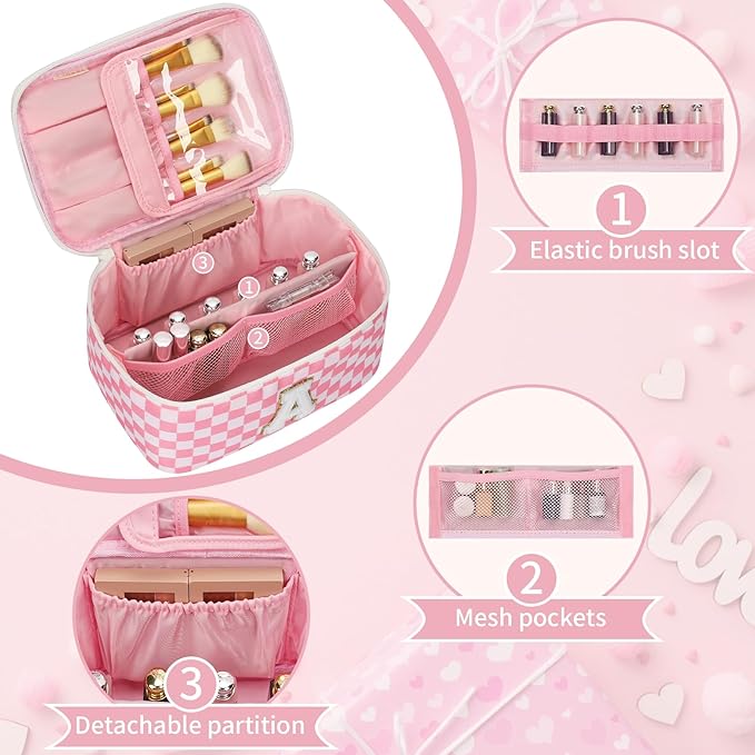 OCHEAL Makeup Bag Valentines Day Gifts for Women, Monogram Cosmetic Bag Pink Travel Makeup Case Beauty Toiletry Bag Organizer Personalized Gifts for Girl Teens Bridesmaid Sister Wife Friends Initial A