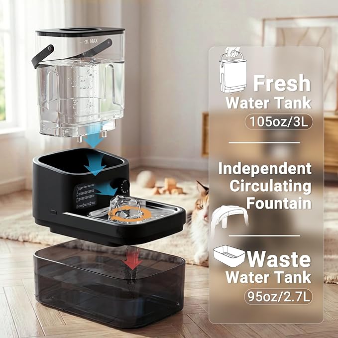 3L Filterless Cat Water Fountain, Wireless, Wastewater Separation | 4000mAh Rechargeable Battery,Motion Sensor Activation,Separate Water Tanks,Gravity Water Refill,Stainless Steel Bowls,Quiet