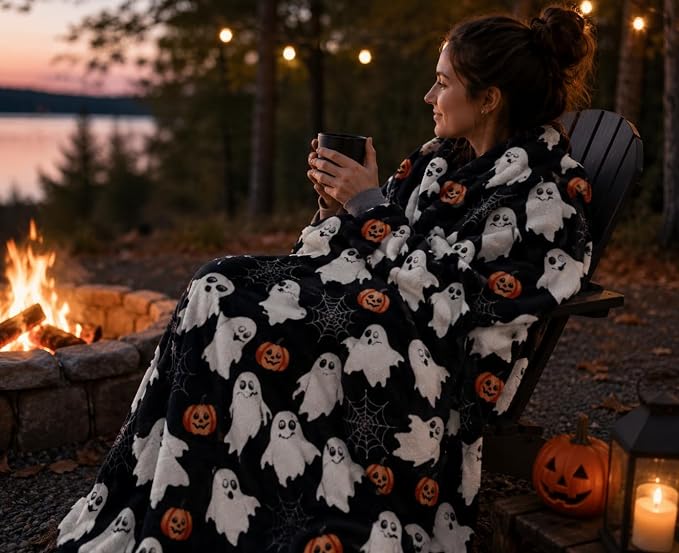 Halloween Cute Fleece Throw Blanket, Jack-O-Lanterns, Ghosts & Webs, 50x70 | Ultra-soft cozy flannel fleece, for sofa couch bed chair & dorms, spooky Halloween décor, durable and machine washable.
