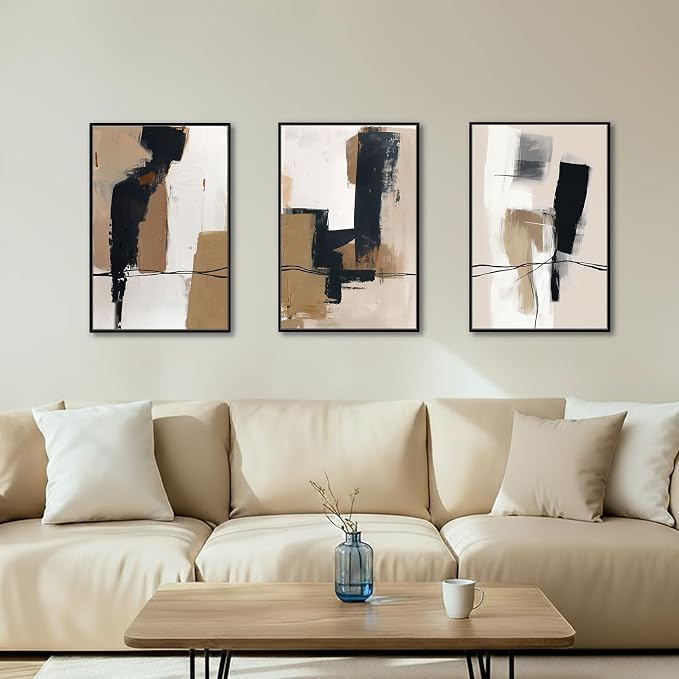 SAFERRYHOME Neutral Abstract Black and Tan Brown Wall Art Set of 3, 16"x24" | Black and Tan Brown Framed Canvas Print Set,Mid-Century Modern Brown Minimalist Shapes for Living Room Bedroom Office Hallway