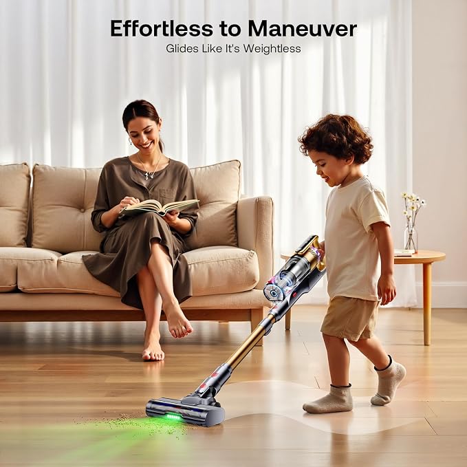 Trucozie Cordless Vacuum Cleaner, Self-Standing Lightweight Stick Vacuum with 50 mins Runtime, Powerful Suction, Anti-Tangle Wireless Vacuum for Home, Hardwood Floor, Carpet, Pet Hair, Gold