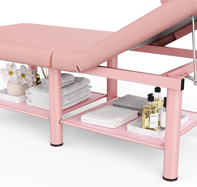 pouseayar Pink Stationary Massage Table Folding Bed with Backrest & Storage Space for Treatment Table Physical Therapy Table Spa Facial Bed, Metal Frame PU Leather, 30.5'' Wide × 75'' Long