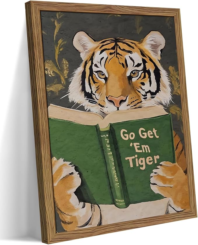 Framed Tiger Canvas Wall Art, Motivational Tigers Reading Poster Print, Humorous Bookworm Pictures Wall Decor, Vintage Go Get Em Tiger Painting for Office Library Bedroom Decor 16x24 inch