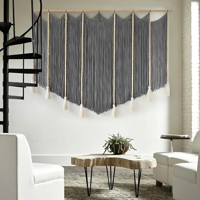 Jakalin Macrame Wall Hanging Grey Woven Yarn Large Boho Wall Art 57" x 43" | Handwoven Cotton, Fiber Wall Art, Grey Dip dye Design, Home Decor Boho, Macrame Yarn, Living Room, Bedroom Wall Decor