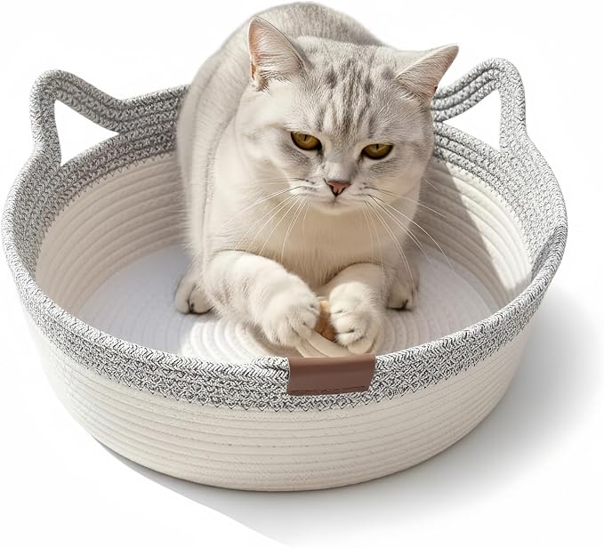 Instinct Basket for Cats - Handwoven Cotton Rope Enrichment Bed with Attached Toy Tail, Scratchable Interactive Pet Nest Features Flexible Walls to Fight Boredom & Protect Furniture (Gray, M)