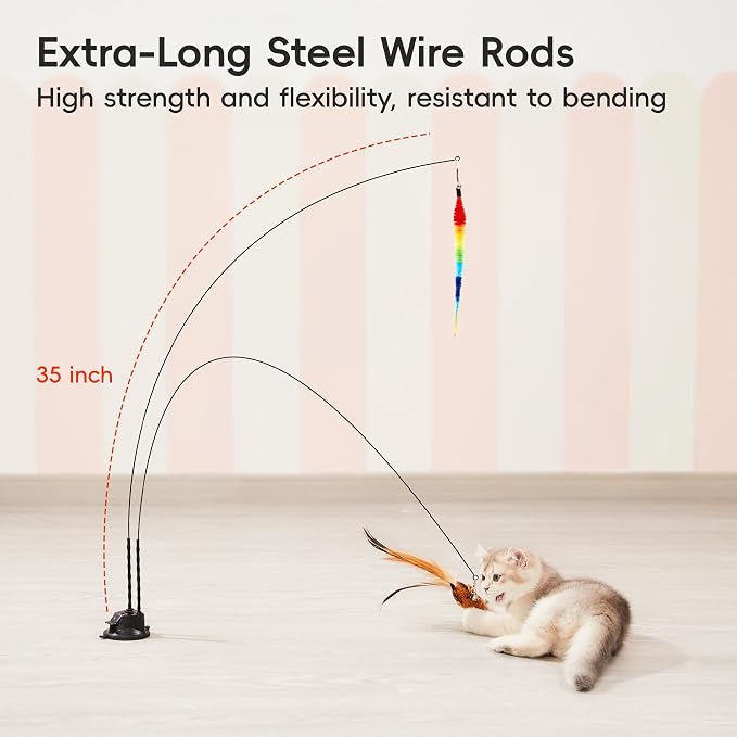 Potaroma Suction Cup Cat Wand Toys, Dual-Wand Interactive Kitten Toy | For Indoor Cats with 5 Pcs Feathers Balls Attachments, Charcoal Base
