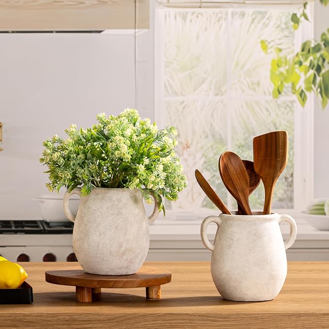 Vanselia Ceramic Flower Vase Home Table Decor Living Room Farmhouse 7.1 in | Small White Rustic Decorative Flowers Vases Plant Modern Decoration for Kitchen Shelf Coffee Dining Centerpieces Desk