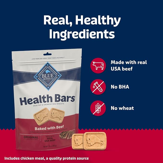 Blue Buffalo Health Bars Beef Dog Biscuits, 16 oz | Oven-Baked, Crunchy Texture, No Chicken By-Product, Corn, Wheat, or Soy