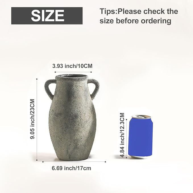 Ceramic Rustic Vase with Handle, 11.3 Inch Tall Farmhouse Vase | Vintage Terracotta Vase with 2 Handles Adds Rustic Charm to Living Room, Entryway, Table Centerpieces and Home Decor