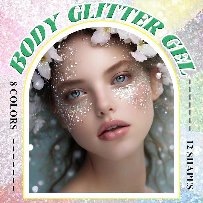 Body Glitter Face Glitter, Hair Glitter for Kids, 12 Shapes Fine Chunky Glitter Gel for Women Girls Makeup Sparkles Party Mermaid Sequins Rave Accessories Festival (White-Gold-Pink-Blue-Green-Red)