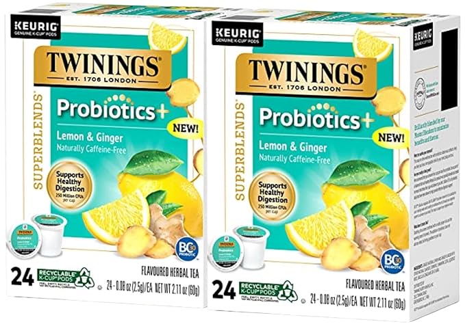 Twinings Probiotics Lemon & Ginger Herbal Tea, Supports Digestive Health, Single Serve K-Cup Pods for Keurig, Naturally Caffeine Free, 24 Count (Pack of 2)