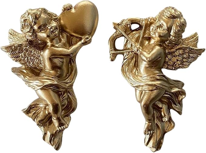 2Pcs Gold Resin Winged Angel Wall Sculptures Wall Hanging Adornment Cherub Cupid 5.3 inch Tall Adorable Angelic Figure Angel Figurines Crafts Vintage Ornament for Wedding Decor