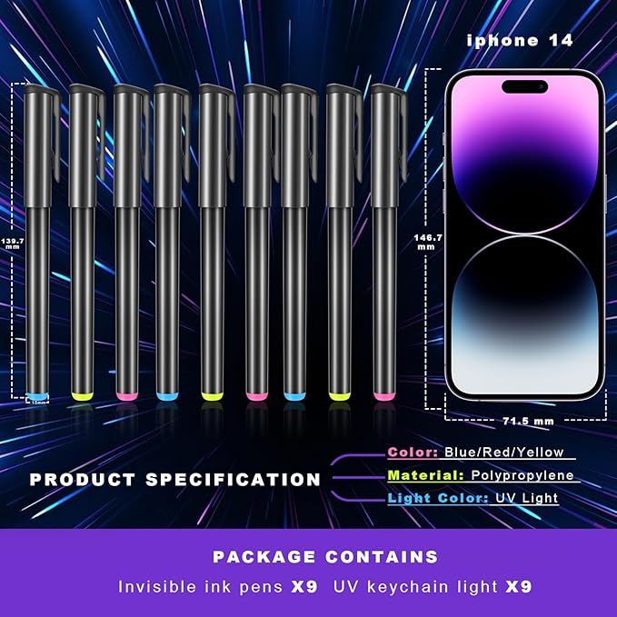 Invisible Ink Pen, Spy Pen with 9 PCS Mini UV LED Keychain Flashlight, Disappearing Ink Magic Pens with Black Light Markers for Secret Notes, Fit for Christmas Halloween Holiday Gifts (9 PCS)