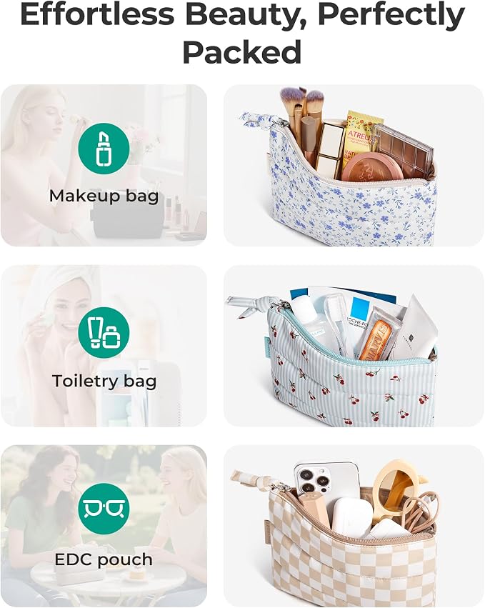 BAGSMART Small Makeup Bag, Puffy Portable Cosmetic Pouch with Charm Zipper, Water-Resistant Travel Organizer for Women (Blue Ditsy Floral Print, Small)