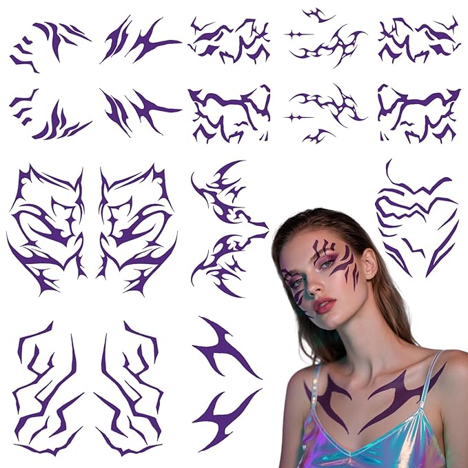 Temporary Tattoos For Men and Women - 12 Sheets Full Body Tattoos Stickers Waterproof Movie Cosplay Costume Accessories for Boys Girls Festival Party Rave Stage Makeup Decoration（Purple）