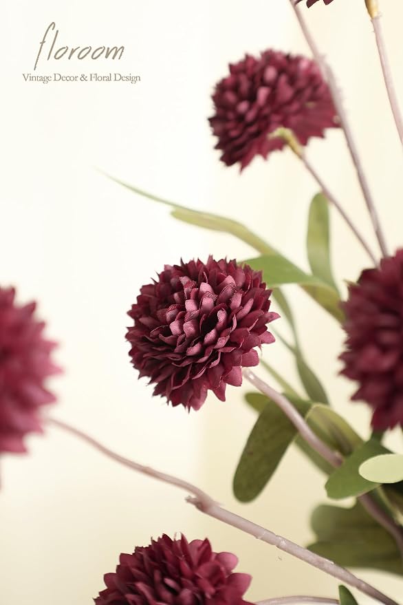 5pcs Burgundy Faux Silk Mums Artificial Flowers, Bulk Fake Small Mini Chrysanthemums with Stems for DIY Wedding Centerpieces Floral Arrangements Vase Fillers Home Decorations