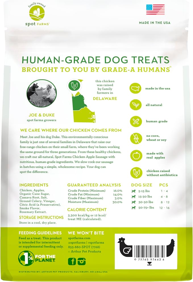 Spot Farms® Chicken Apple Sausage Dog Treats 12.5 oz | Human Grade, No corn, No wheat, No soy, Glycerin Free, Made in the USA