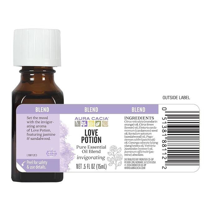Aura Cacia Love Potion Essential Oil Blend | Romantic Aromatherapy with Jasmine, Ylang-Ylang, Sandalwood, Patchouli, Mandarin, Lemon, Cardamom, Vetiver | 0.5 Fl Oz (Pack of 1)
