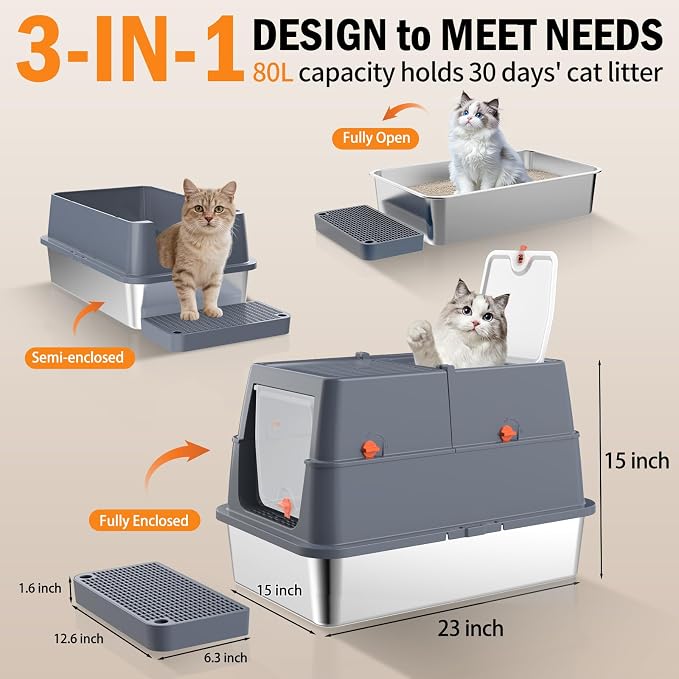 Stainless Steel Litter Box with Lid, Front Entry Top Exit Enclosed Metal Litter Box, Extra Large Flip-Top Kitty Litter Pan with Scoop & Pedal, Odor Control, Odor Free, Grey
