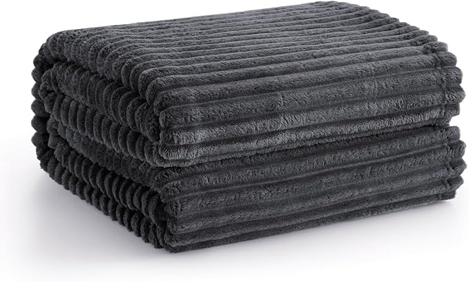 Vessia Flannel Fleece Throw Blanket, Lightweight Warm and Soft Striped Grey Couch and Bed Blanket, Cozy Microfiber Ribbed Sofa Decor for All Season