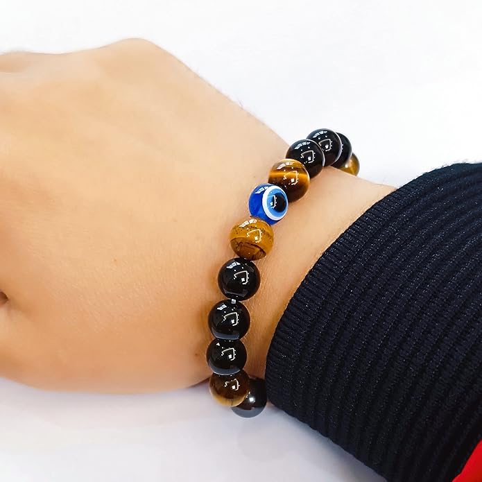 Evil Eye with Hematite Black Obsidian Tiger Eye Stone Triple Protection Bracelets for Men Women, Crystal Healing Stone Bracelet Bring Luck Prosperity and Happiness Jewelry