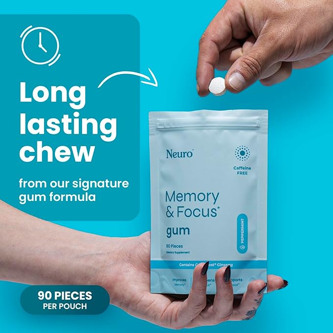Neuro Memory & Focus Gum - Nootropic Gum with Vitamin B12, Vitamin B6, L-Theanine & Ginseng Extract - Natural Brain Support Supplement - Vegan, Caffeine & Sugar Free Chews - Peppermint, 90 ct