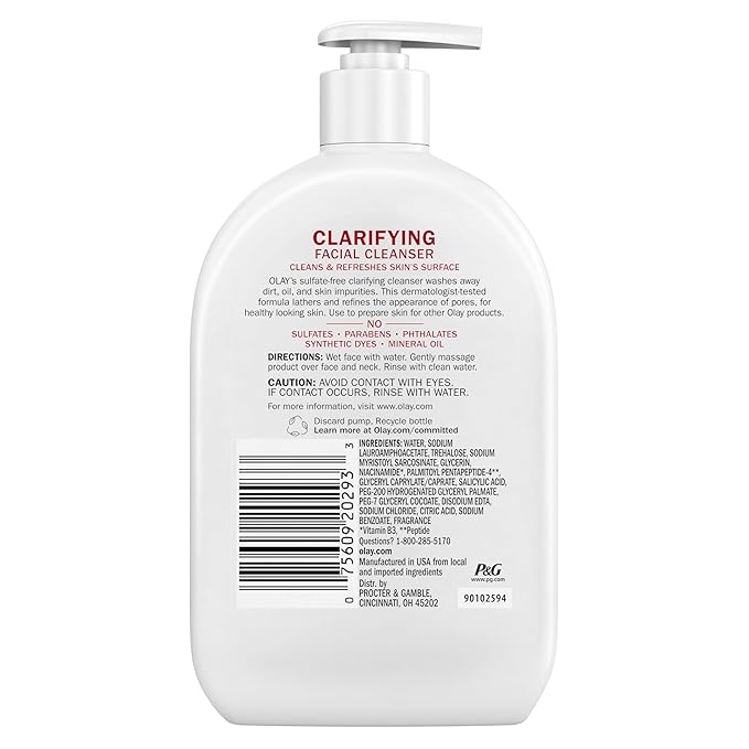 Olay Face Wash,Daily Facial Cleanser with Niacinamide,Peptides & Glycerin - Clarifying,Refreshes Skin Surface,Refines Appearance of Pores - Sulfate-Free,Paraben-Free,Oil-Free,16 Oz,(Pack of 2)