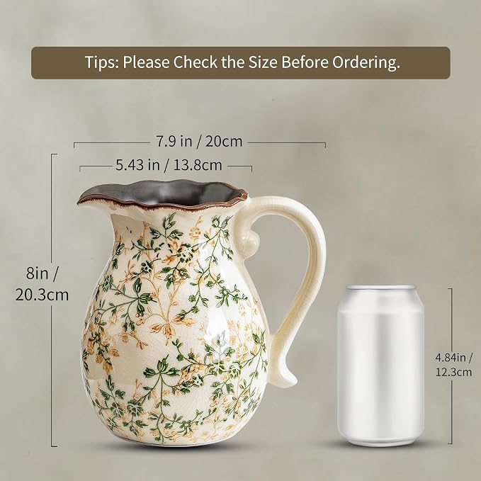 Ceramic Flower Vase for Home Decor, Vintage Green Pitcher Vase 8 Inch | Rustic Farmhouse Floral Vase for Kitchen, Coffee Table, Living Room, Mantel, Bookshelf, Entryway, Wedding Centerpiece