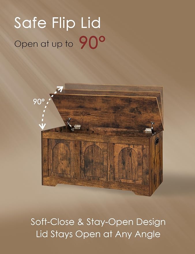 Storage Chest, Wooden Toy Box, Rustic Brown 39.4" L | Entryway Shoe Bench, 2 Soft-close Hinges, Finger-safe Flip-Top Lid, Easy Assembly, Farmhouse Large Trunk, Living Room/Bedroom