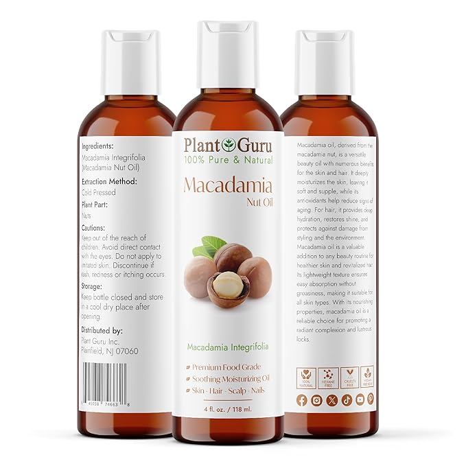 Plant Guru Macadamia Nut Oil 4 fl. oz. Cold Pressed 100% Pure Natural Carrier – Skin, Face, Body, and Hair Moisturizer. Ideal for DIY Creams, Lotions, and Lip Balms