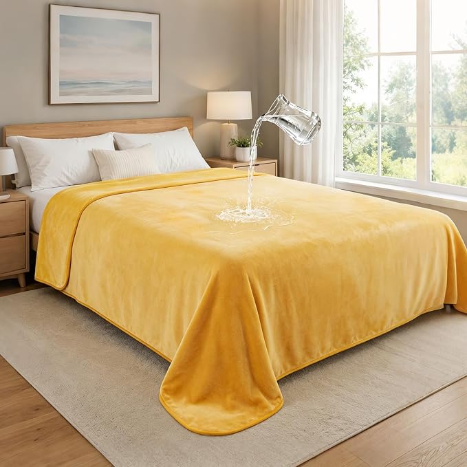 LOOBANI Waterproof Blanket for Bed, Flannel Queen Size 80"x90", Yellow | Double-Side Leak-Proof, Reversible, Stain-Proof Cover for Sofa Bed Protection, Ideal for Rest Movie Time, Camping, Travel